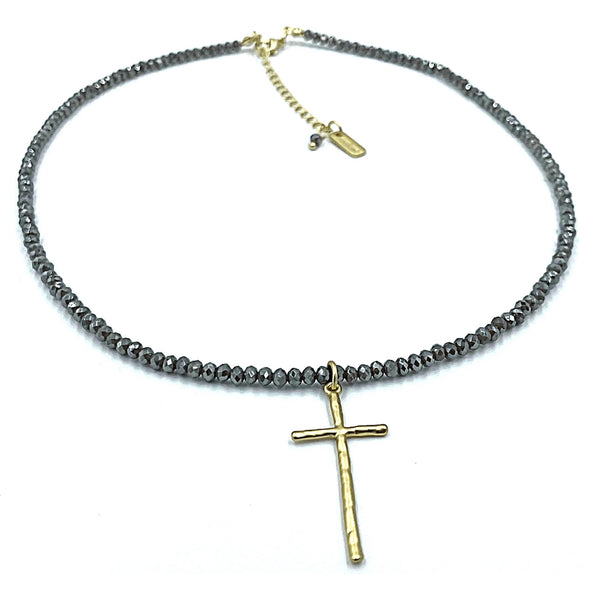 Erin Gray Prayer Cross On Pyrite Necklace in Gold