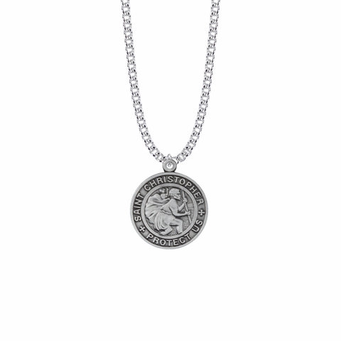 Singer Large Round St. Christopher pewter pendant 24" chain, SM 3915