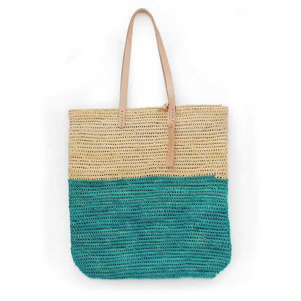 French Basket Raffia shoulder bag straw Natural and Lagoon color