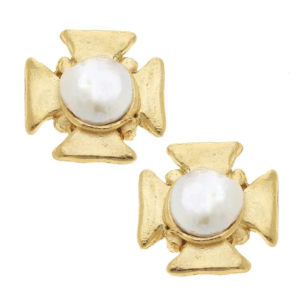 Susan Shaw Gold Cross with White Genuine Freshwater Pearl Clip Earring 1828wc