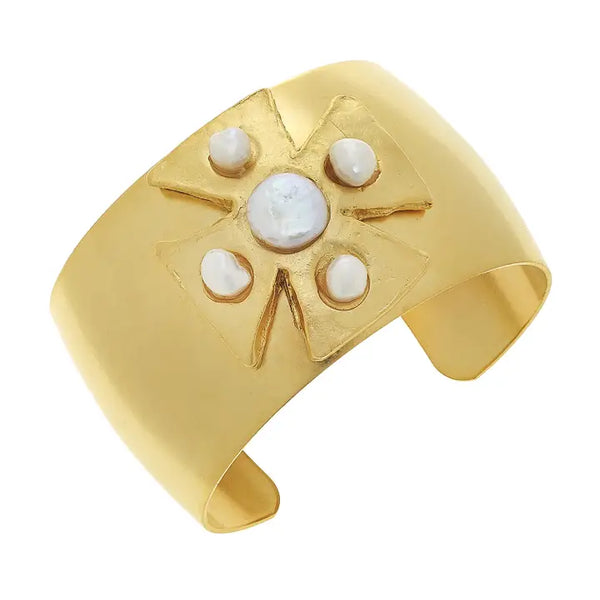 Susan Shaw Gold Maltese Cross with Genuine Freshwater Pearl Cuff Bracelet