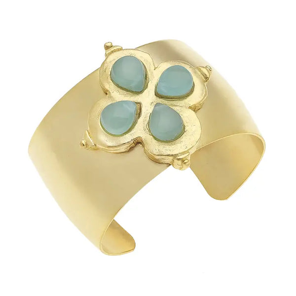 Susan Shaw Gold Clover with Genuine Aqua Quartz Cuff Bracelet Gold Clover with Genuine Aqua Quartz Cuff Bracelet