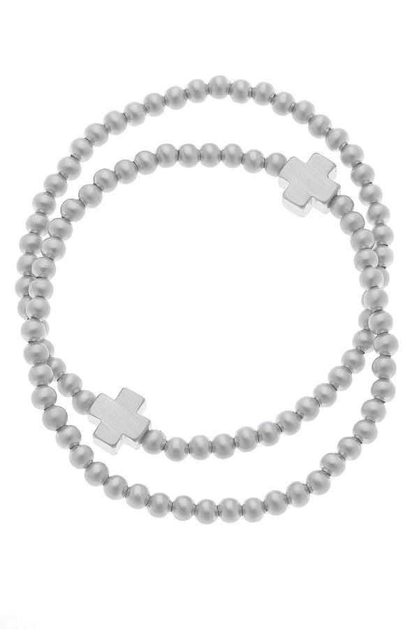 Canvas Style Isa Cross Ball Bead Stretch Bracelets (Set of 2), Satin Silver