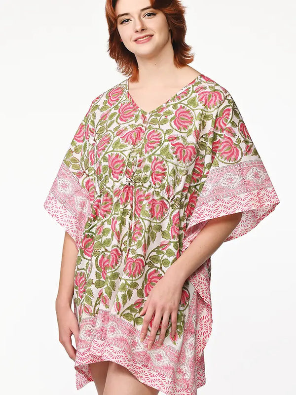 Sevya Handmade Floral Block Print Caftans, Pink & Green Lotus - KT-33.2