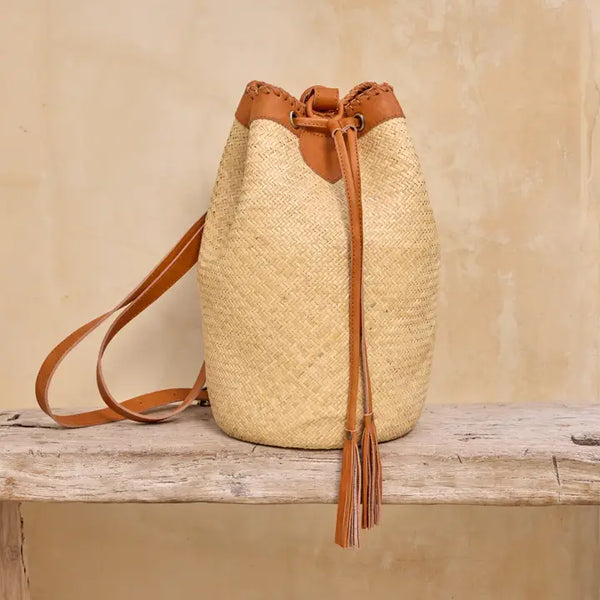 Winding Road Rattan Sling Bag Ivory with Light leather trim, RattanBackpackIvory