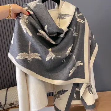 Winding River Gray / Ivory Dragonflies Reversible Wrap-SKU 380 1640