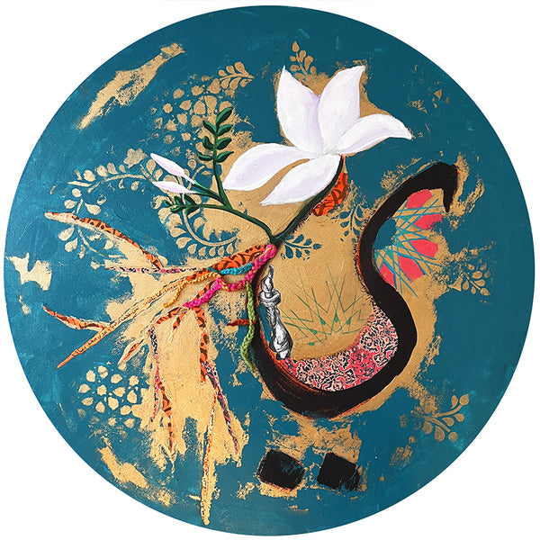 Dima Kroma: 6. "Roots and Petals,"  24" circle, mixed media on canvas