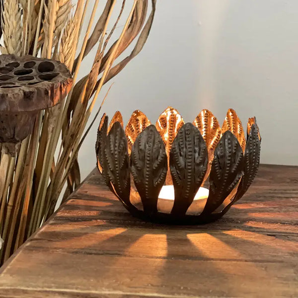 Global Craft-Mango Leaf Haitian Metal Drum Votive-SKU: HMDLF1BL6