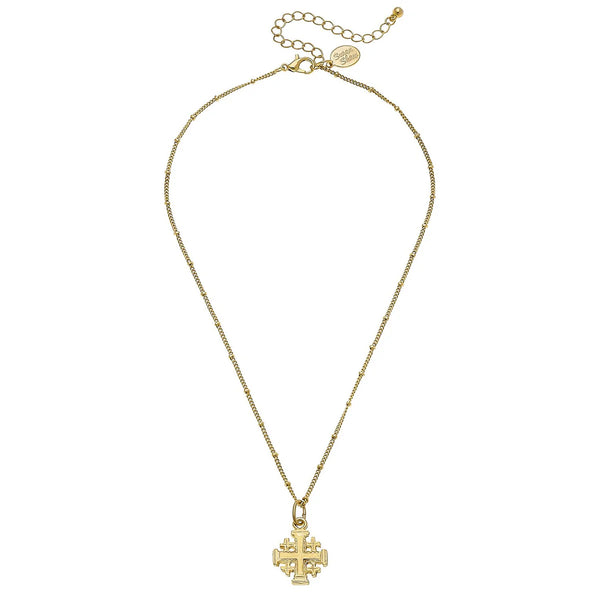 Susan Shaw Dainty Jerusalem Cross Necklace on Beaded Chain Necklace, Gold