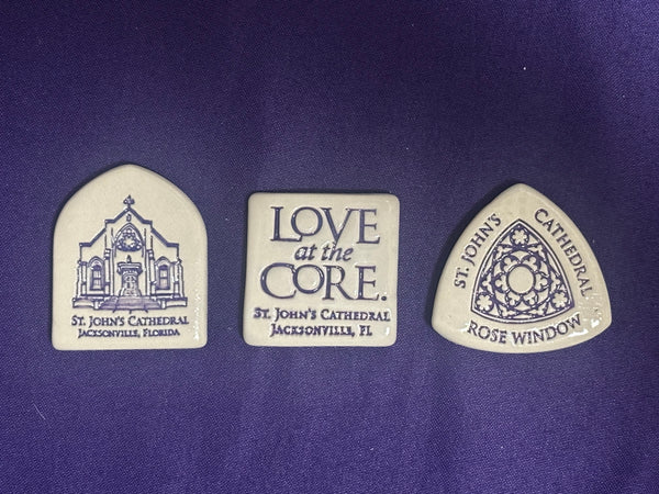 St. John's Cathedral Ceramic custom magnet: SJC Front, Love at the Core logo or Cathedral Rose Window