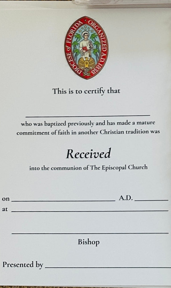 Diocese of Florida Received certificate with envelope