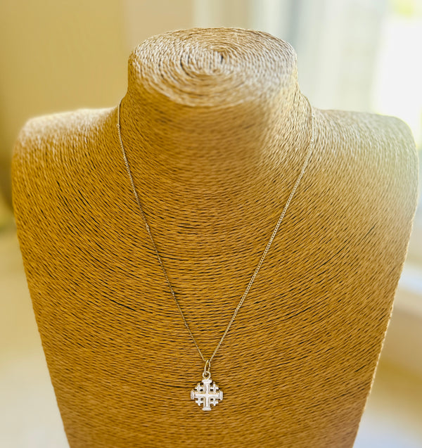 Susan Shaw: Dainty Jerusalem Cross Necklace on a Beaded Chain: Silver