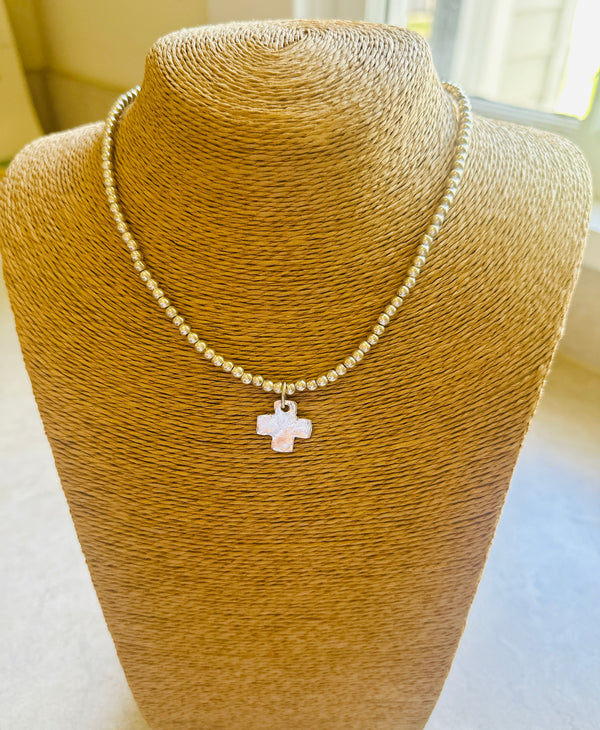 Susan Shaw Silver Cross on Silver Beaded Necklace  3343cs