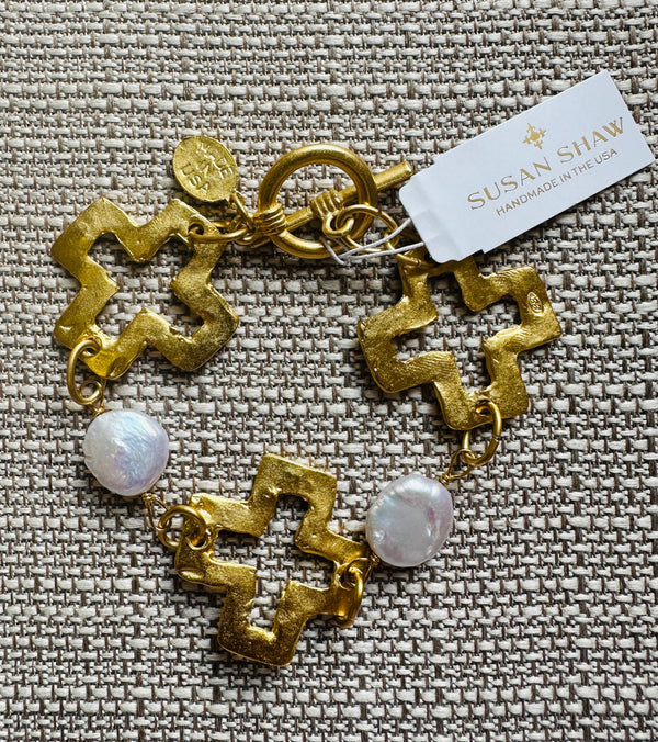 Susan Shaw Gold Open Cross & Pearl Bracelet