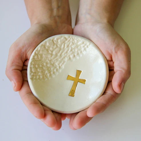 Prodigal Pottery Ring Dish with Cross: White