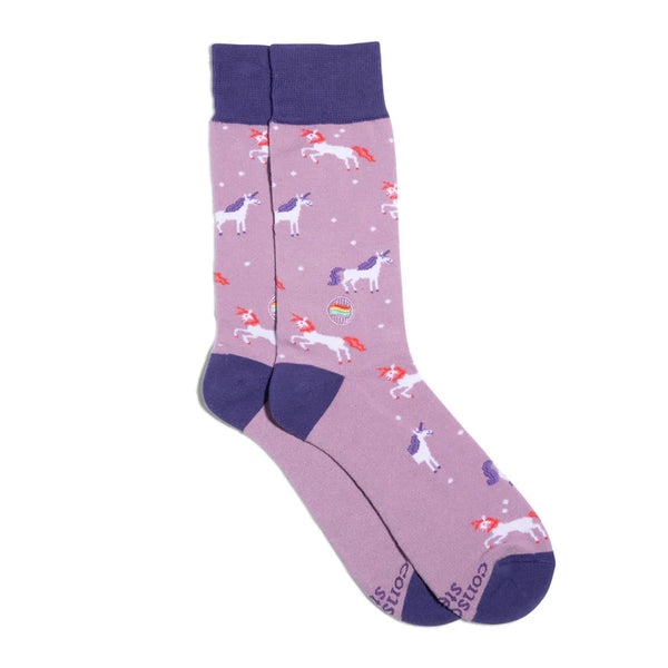 Conscious Step Socks that Save LGBTQ Lives (Purple Unicorns) | SMALL| CREW|MSLGB010