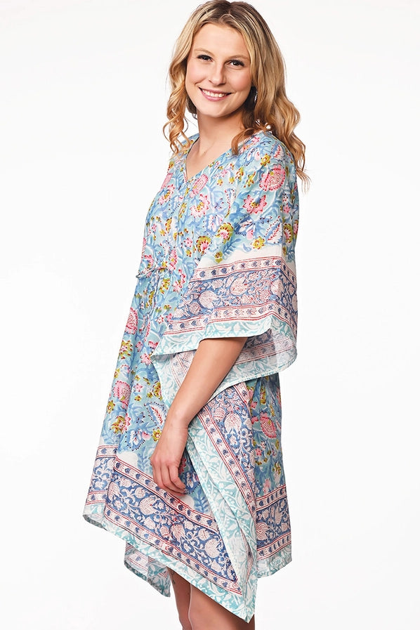 Sevya Handmade Floral Block Print Caftans, Blue & Pink, KT-33.1