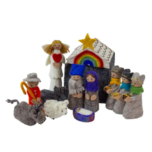 Global Crafts-Rainbow Hand-Stitched Felt Nativity Set,12 Piece Set with Storage Barn-GLG2495
