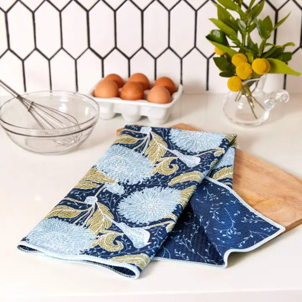 rockflowerpaper Chrysanthemum Bird Blu Kitchen Tea Towel