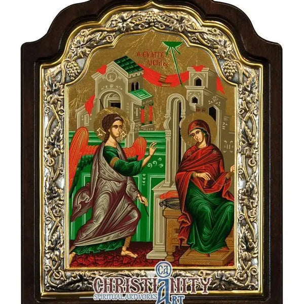 AI The Annunciation of Virgin Mary - Arched and Engraved Icon, 3.5 x 0.6 x 3.9 in (8.9 x 1.5 x 9.9 cm) • SKU: C10X9_400