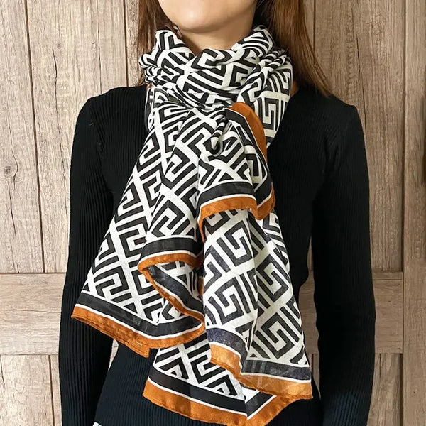 Black Geometric Maze Pattern Women's Shawl Scarf