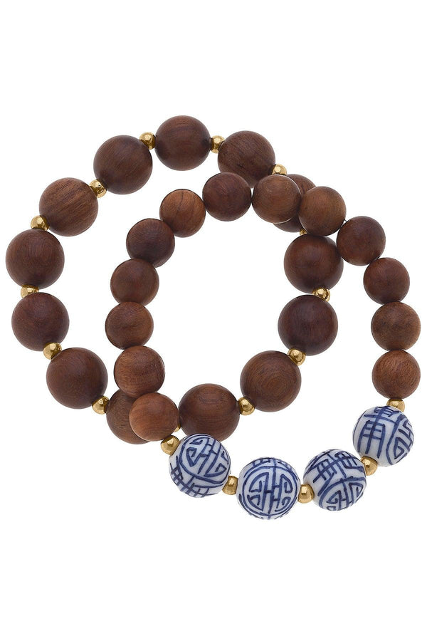 `Canvas Style Iris Blue & White Chinoiserie & Wood Stretch Bracelet Stack in Brown - Set of 2