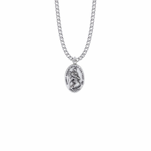 St. Christopher oval sterling silver medal/stainless steel chain 9555